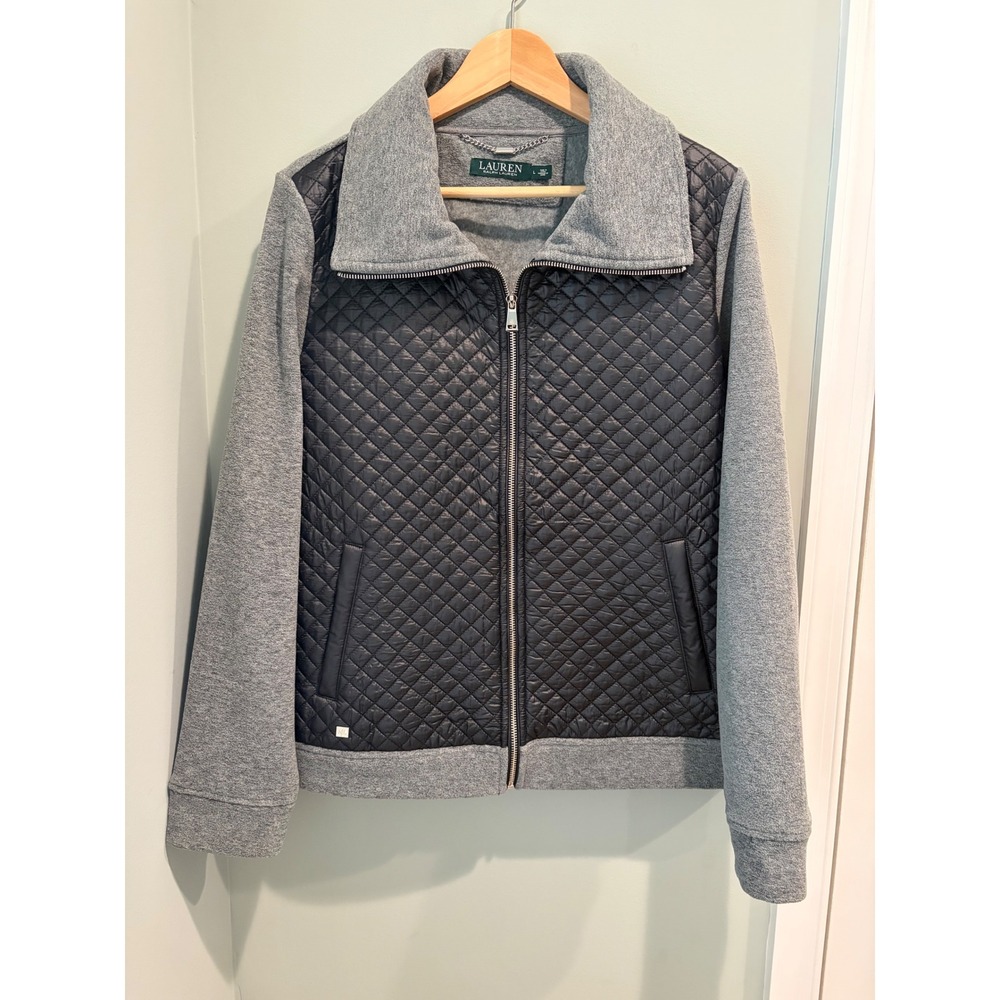 Lauren Ralph Lauren Quilted Mixed Media Full Zip Jacket Grey Black Womens L